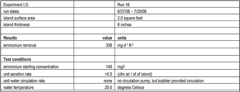 Run 16 – best ammonium removal in a test tank