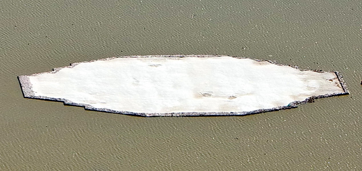 Aerial view of large floating island built for tern nesting habitat 